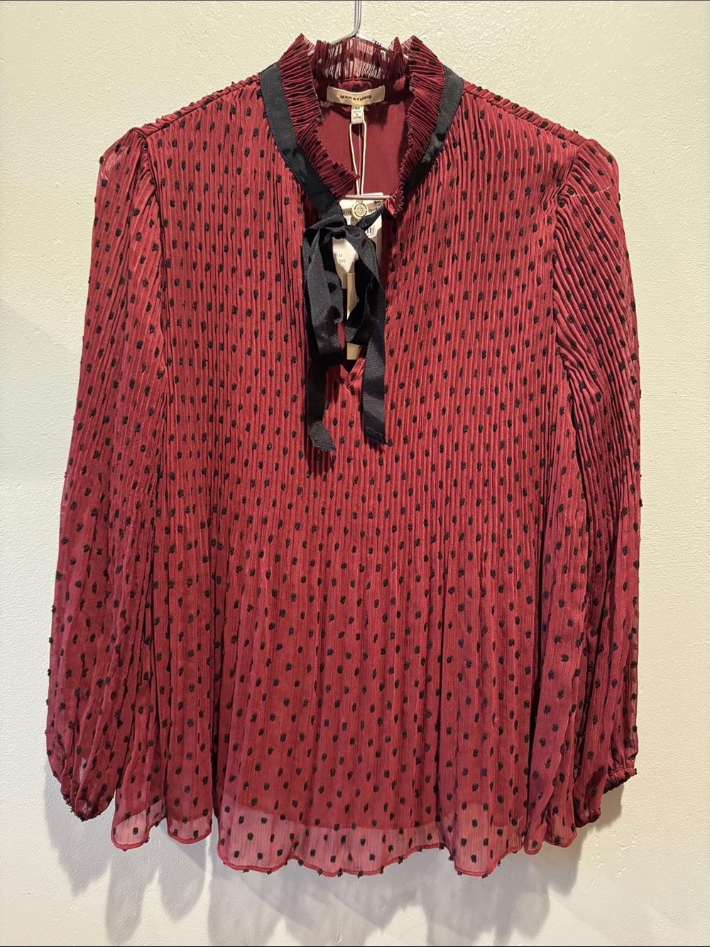 NWT New Max Studio Women's Wine Burgundy Polka Dot Tie-Neck Long Sleeve Blouse